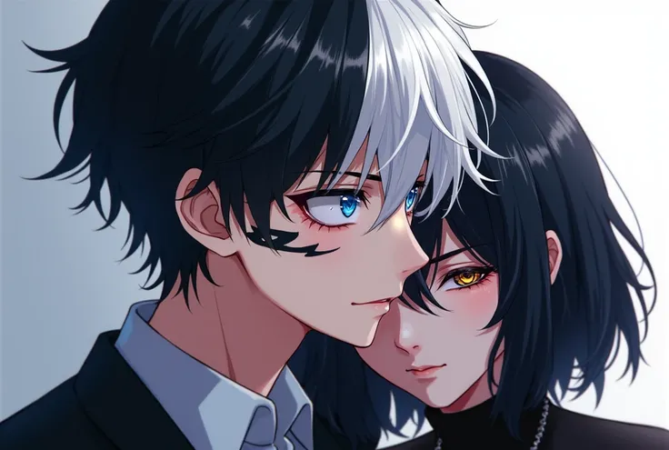  High Resolution, blue eyes, Aside,  black hair on the left and white on the right , young man, short hair , anime , Right eye tattoo,  Alone, sexy , accompagne d une femme au cheveux noir