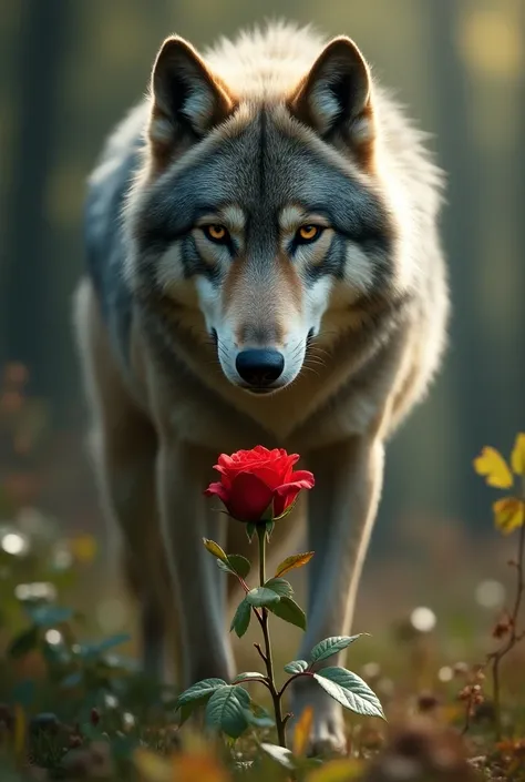 The real wolf and red rose look at each other 
Wolf will be one 