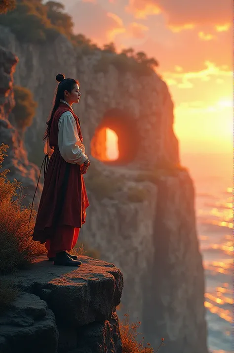 Young man of the merchant period on a cliff at sunset in the background a cave with light 