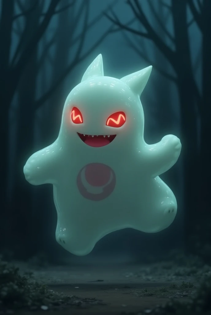  Puppance appears as a ghost A creature with glowing eyes and a mischievous smile.  It floats over an old playground at night ,  surrounded by shimmering lights and shadows . Puppance ist ein lehmfarbenes Pokémon.  It has two arms , But no legs .  It moves...