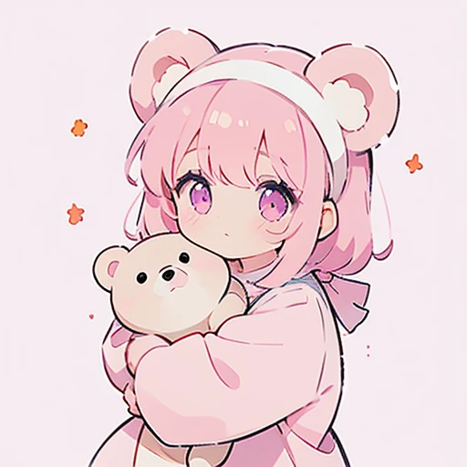 A girl with pink hair and a bear headband is dressed in a cute outfit and hugs five bears. The background is soft pink and white. The eyes are pink. Looking at the stars