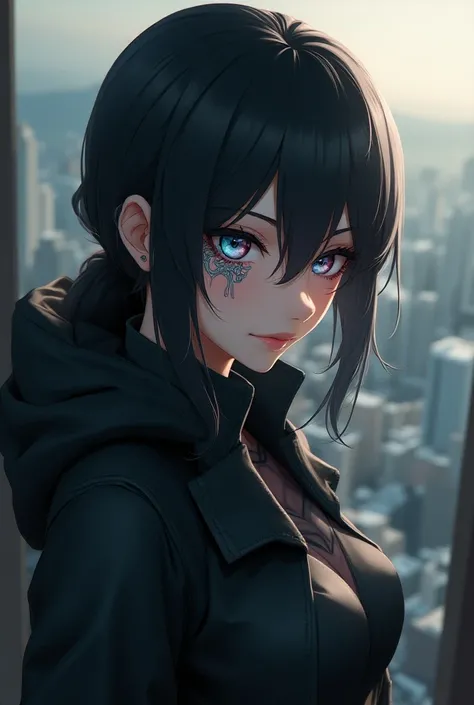 Sniper anime woman that has Q pattern on her left eye