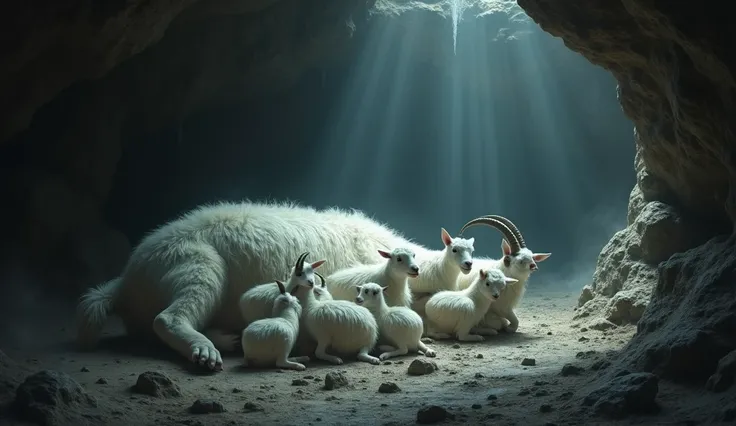 Inside the cave, the white Seven little baby goats and the white mother goat are collapsed, panting and trembling with fear. 