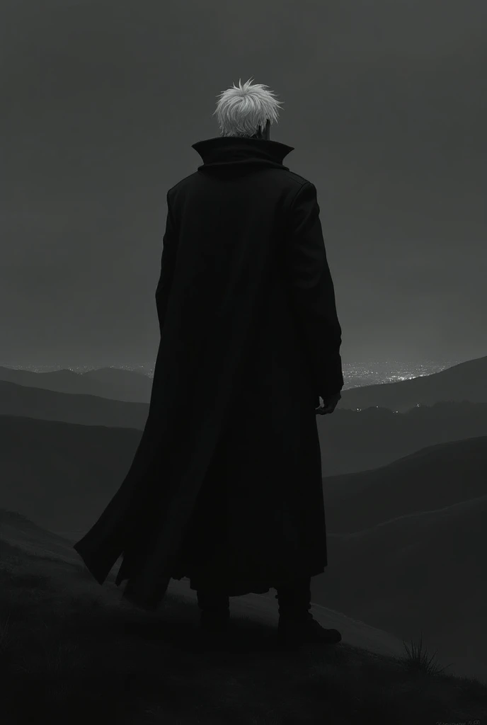 A man wearing a black coat with white hair and standing on a hill at night with black
 
