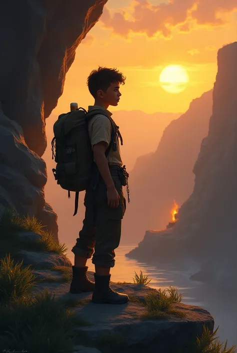 Young adventurer of the merchant era on a cliff at sunset in the background a cave with wood fire light