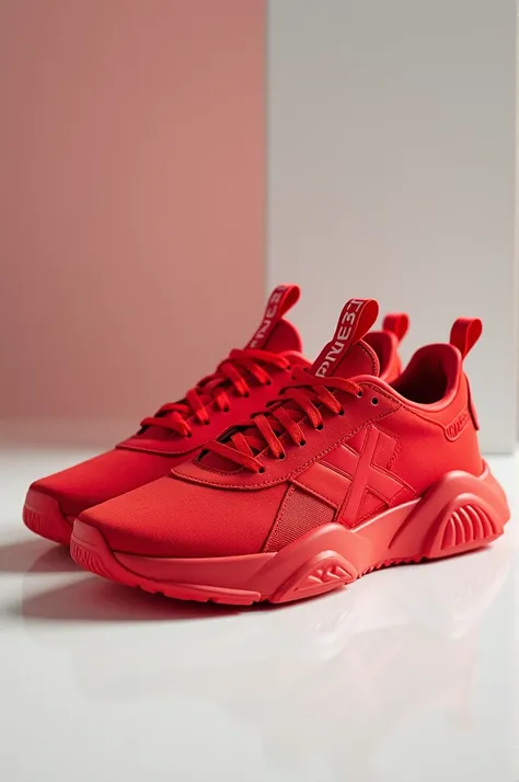 Generate the image of a sneakers of the colour red with the huge x on the shoes as brnading