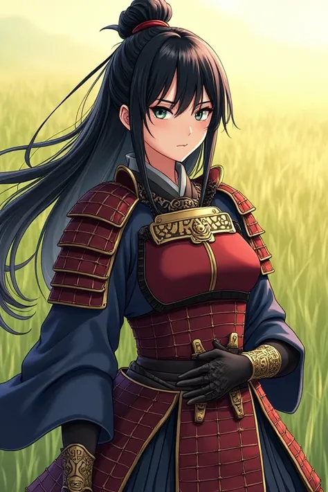 Best Quality, masterpiece,  highest resolution ，Nobunaga&#39;s Ambition_Illustration，Genji_armor，samurai_armor，Japanese Sengoku Warlords，（grassland_background），Black Hair，Beautiful eyes，smug face，Young woman，（4K）, Alone，((whole body)) ， Looking at the came...