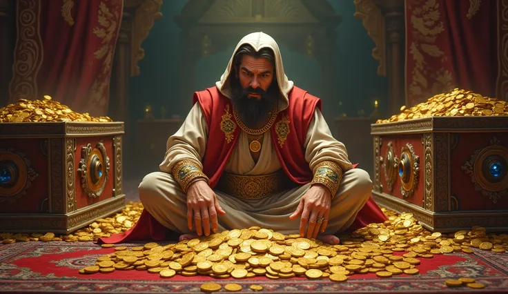 
Image 2: The Merchant Counting Wealth Prompt: Inside a lavish room in the mansion, a wealthy merchant is seated on a plush cushion, counting gold coins and jewels. The room is filled with treasure chests, ornate rugs, and tapestries. The merchant’s expres...