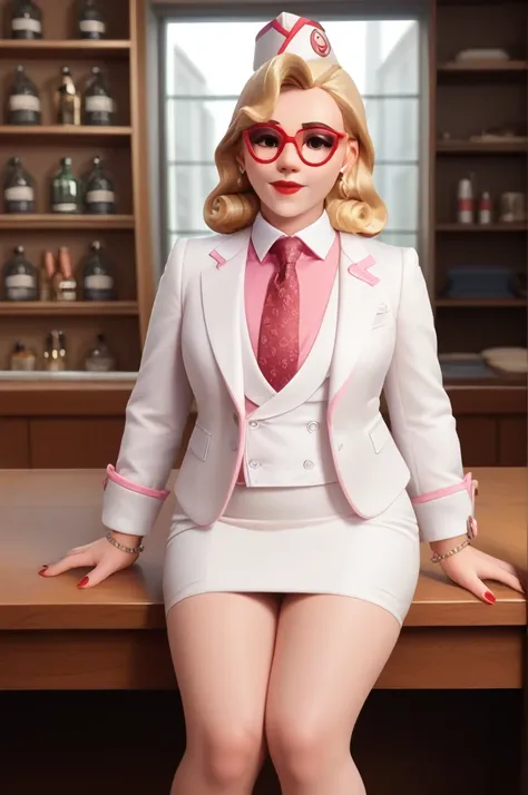 score_9, score_8_up, score_7_up, 1girl, sprinkles mei, mei (overwatch),  three-piece suit, 1girl, solo, blonde hair, glasses, sp...