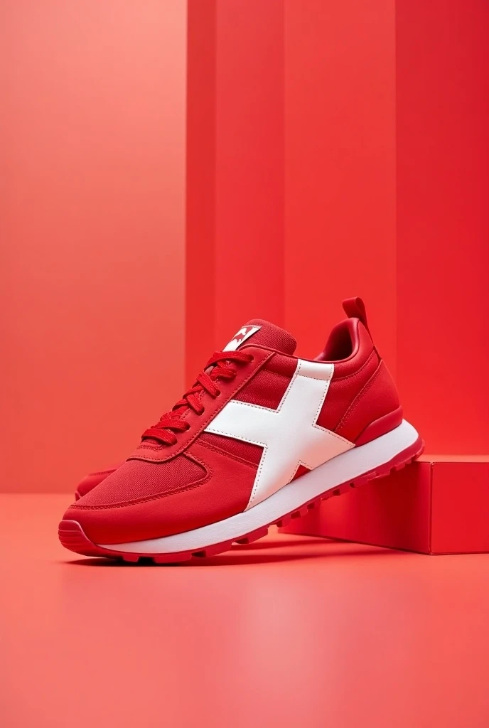 Generate the image of a sneakers of the colour red with the huge x on the shoes  in white colour 