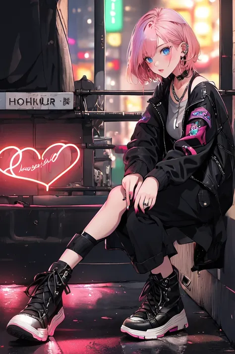 masterpiece, best quality,solo,Red light district neon signs,pink haired short bob , Shiny,   cool girl   ,Heart Earrings,black street fashion,blue eyes,