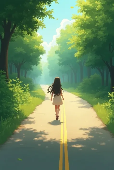 The girl is walking in the middle of the road