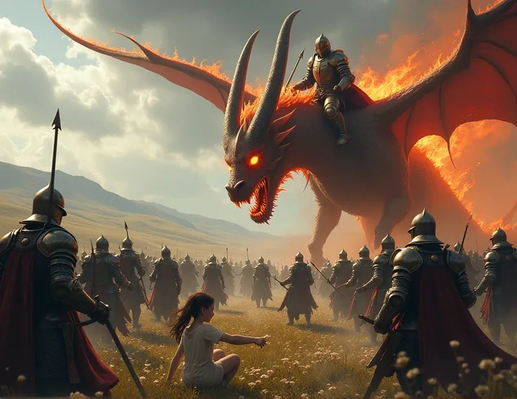 IN FRONT, DOZENS OF KNIGHTS FIGHT A GOAT-FACED DEMON, A FIERY GOAT RIDING A DRAGON. IN THE BACK THERE IS A GIRL SITTING, COLLECTING FLOWERS, NOT PAYING ATTENTION TO WHAT IS HAPPENING.