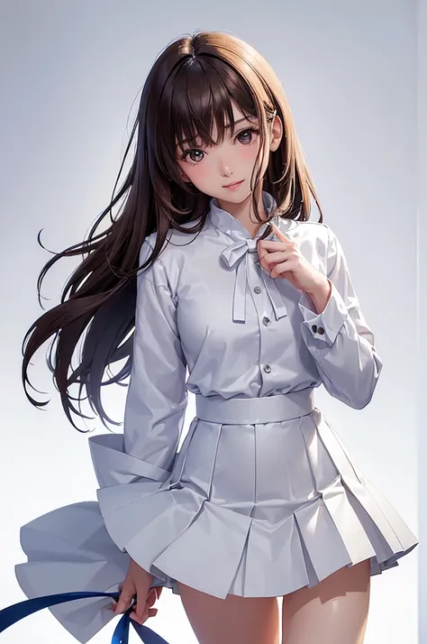 (plain white background, no patterns, no textures, just a plain white background:1.3),beautiful girl,(Shiny brown hair:1.3),(long hair:1.2) messy hair, beautiful brown eyes,It depicts a Japanese high school girl. She wears a white shirt with ribbons and a ...