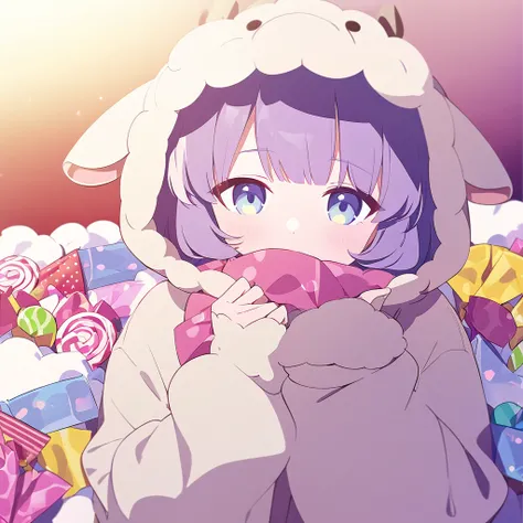 a girl, Snuggly wear, sheep costume ,飴に囲まれている、solo, upper body shot,  character design surrounded by candy, 