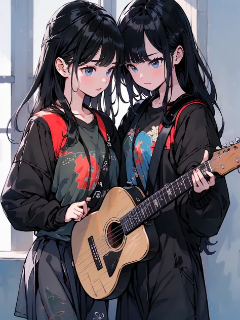 ((masterpiece, best quality)), 1 girl, Alone,  Black Skirt , blue eyes, electric guitar, guitar,  headphones, holding, Have a pick, With instruments, I saw that my long straight hair , music,  was only raised on one side,  Black Hair , guitarを弾く,  pleated ...