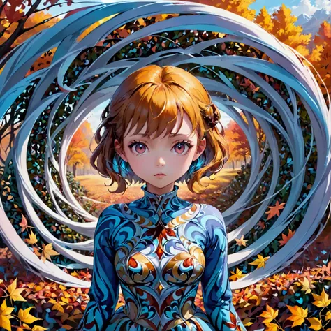 Costumed, A serene girl stands in a vibrant autumn scene, surrounded by swirling red, orange, and yellow leaves, 1girl,,Illusion,  Art by Brandon Woelfel and (Alex Grey:1.07), Dreamlike art, high detail,  digital painting , Complex, 8k, ((Advanced Details)...