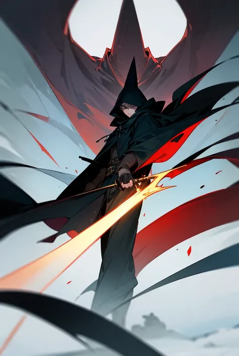 

"A dynamic three-point perspective shot of a character standing tall, holding a sword in one hand and a dagger in the other. The character is draped in a flowing black cloak that billows with movement, adding intensity to the scene. The perspective empha...