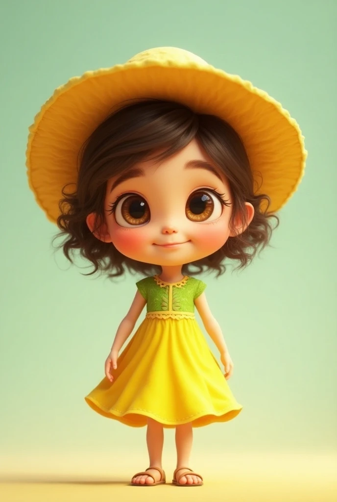 Animation  cartoon  A big-eyed girl wearing a yellow - green  lemon  dress and hat.  Animation cartoon style