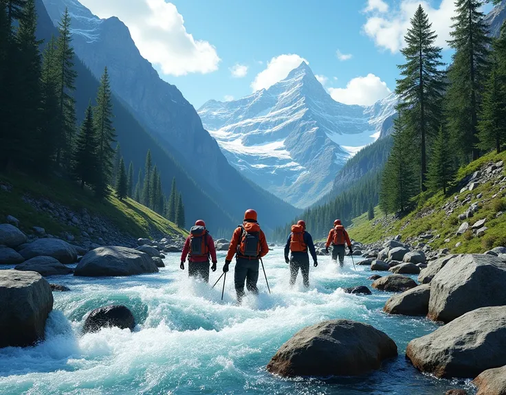 Create a scene of trekkers navigating a river through a steep mountain valley. Towering cliffs and pine trees frame the scene, and the river is clear, rushing over boulders. The trekkers are equipped with helmets and ropes, wading carefully through deeper ...