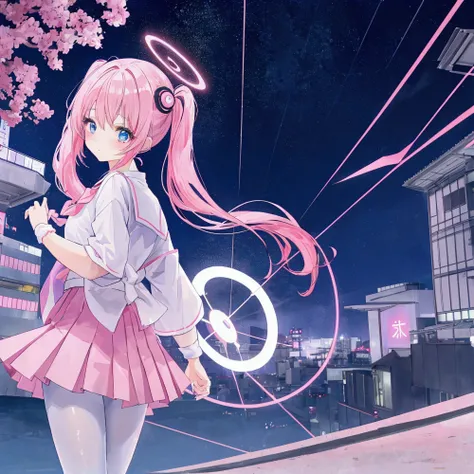 A kawaii  japanese anime girl, pink hair, twintail, blue eyes, pink school uniform, black miniskirt, going into rainbow color circle portal, tokyo background, looking back, cyber night city, white pantyhose, geometric halo on her head