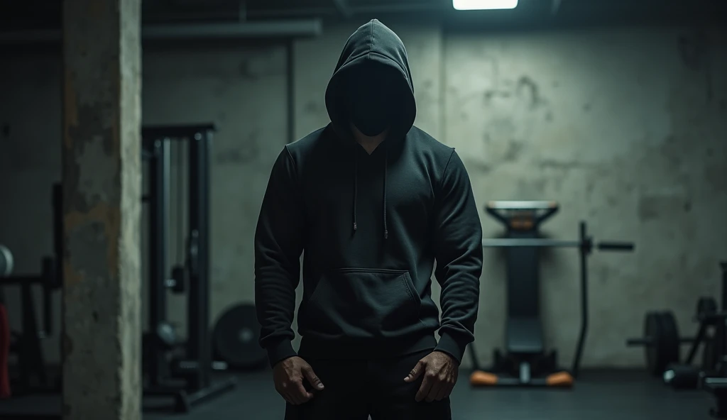 a hidden - black face muscular man, athletic body, wearing hoddy, posing in a gym, moody lighting, dramatic shadows, dark theme, high-quality detailed photograph, pinterest gym style, cinematic lighting, chiaroscuro, dramatic pose, athletic physique, well-...