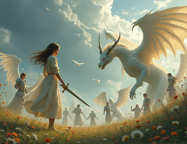 There is a girl sitting collecting flowers, indifferent to what is happening, dodging behind dozens of knights, fighting with beautifully shaped angels, pointing a sword forward, and then riding a dragon. 