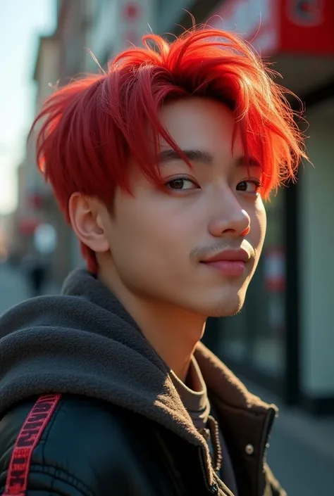  A realistic boy of about 21 years old with pale skin dressed in an aesthetic street style, with marks ,  with his hair dyed red ,  with a haircut like jungkook from BTS , Like a Kpop idol , profile focus, Smiling. medium close up, Let his clothes be seen ...