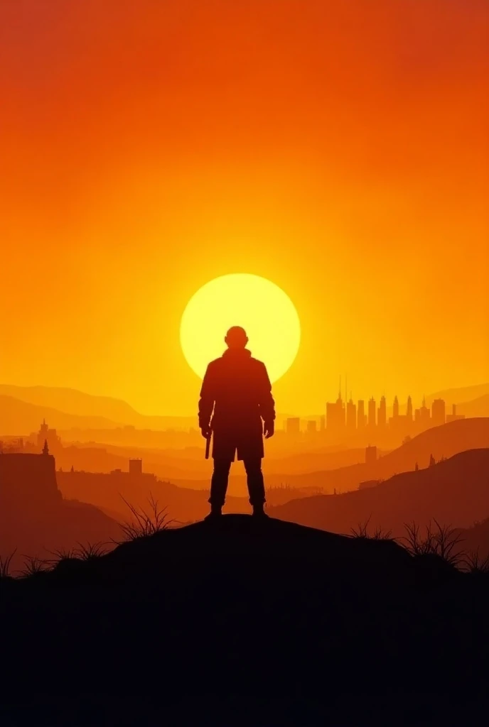  silhouette of a leader standing on a hill ,  faces towards the rising sun . Of, background, cityscape or village symbolizing progress and hope . Bright colors such as orange and yellow can spread spirit and revival. The theme of the awakening of nations ....