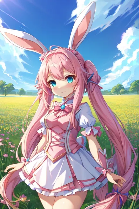 a woman in a bunny costume is standing in a field, sylveon, pink twintail hair and cyan eyes, splash art anime loli, high quality anime artstyle, anime wallaper, anime girl with long hair, stylized anime, bunny girl, with bunny ears, portrait knights of zo...