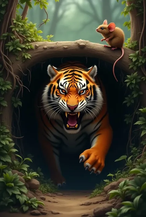 Angry tiger trapped on hole trap and the mouse in top