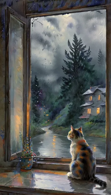 a cat sitting on a window sill looks out the window at the gloomy and rainy outside, sad atmosphere, gloomy day, dark colors, watercolors,wcxl