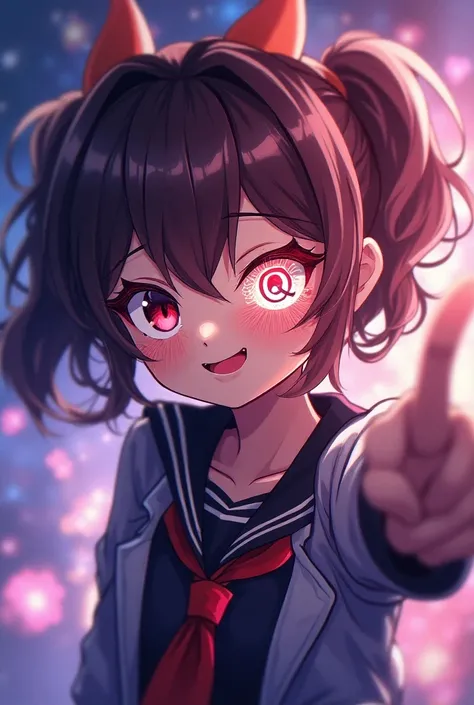 Chuunibyo anime girl making a pose on her left eye that has "Q" Word Pattern (Only alphabet Q)