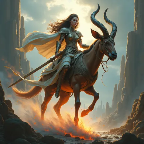 masterpiece - fais une œuvre masterpiece (wallpaper, digital art)  complex around the following theme : **fantasy, warrior goddess riding a magical okapi into battle 