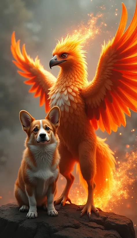 A highly realistic depiction of two contrasting yet fierce creatures standing side by side. On one side, a corgi—small but bold—its fur glistening with an otherworldly sheen, as if touched by firelight. Its posture is proud and alert, ears perked, and eyes...