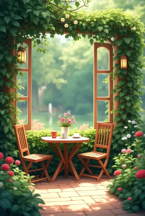  There are garden paintings with tables and chairs., Warm coffee shop background,  Interior Background Art , Relaxing concept art, Garden background, Anime Background Art, Realistic gardens, Garden Environment ,   Relaxing Environment ,  Quiet and Calm Atm...