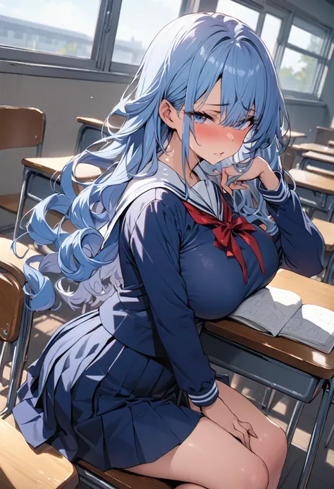 blue hair, big breasts, high school girl, blue eyes, classroom, masterpiece, sailor suit, school ribbon, sailor suit, white sailor suit, school ribbon, red ribbon, blue skirt, miniskirt, blazer, loose curly hair, smooth curly hair ,long hair,sitting,desk, ...