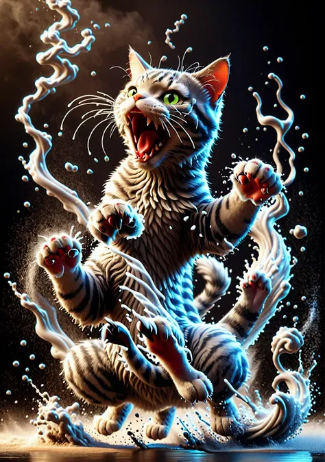 A digital artwork, dreamy effect, realistic3d, hd, majestic martial art grey tabby cat, scream, side view, low angle, splashing smoke, splash dust, circle splashing wind, dust storm, hyperdetailed, amazing baground