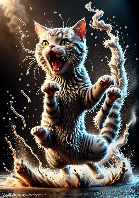 A digital artwork, dreamy effect, realistic3d, hd, majestic martial art grey tabby cat, scream, side view, low angle, splashing smoke, splash dust, circle splashing wind, dust storm, hyperdetailed, amazing baground