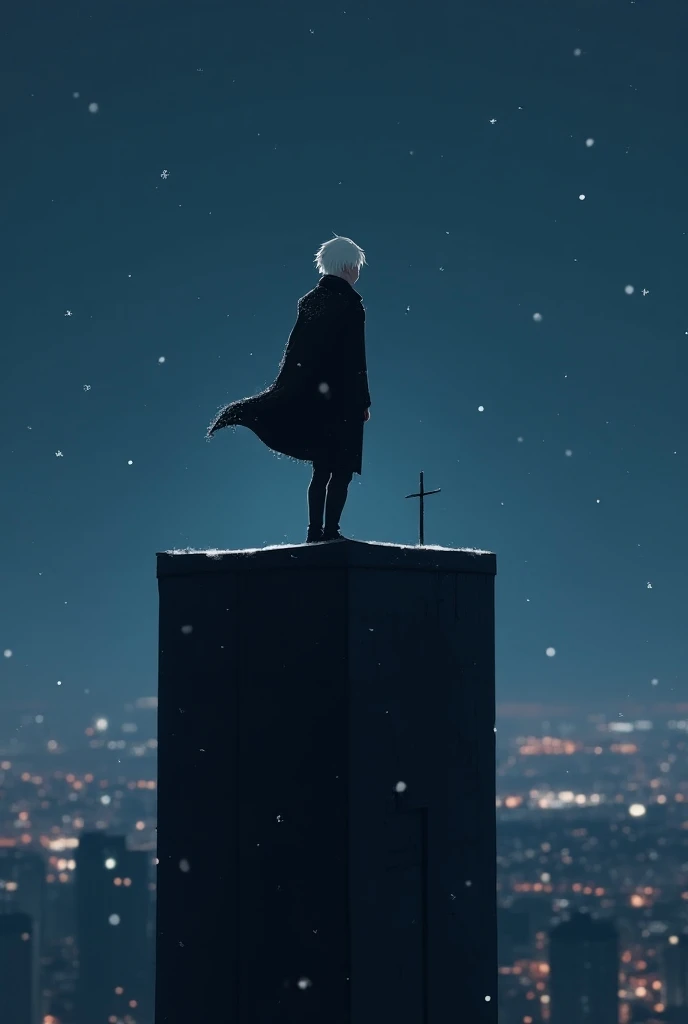 A young man wearing a black coat and white hair is standing at the top of a high building at night with falling snow 
