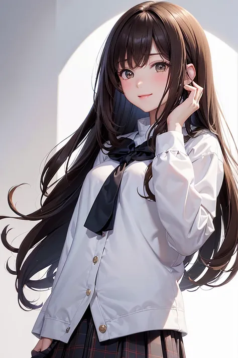 (plain white background, no patterns, no textures, just a plain white background:1.3),beautiful girl,Big Breasts,(Shiny brown hair:1.3),(long hair:1.2) messy hair, beautiful brown eyes,She wears school uniform, navy blue jacket, checkered pattern skirt, bl...