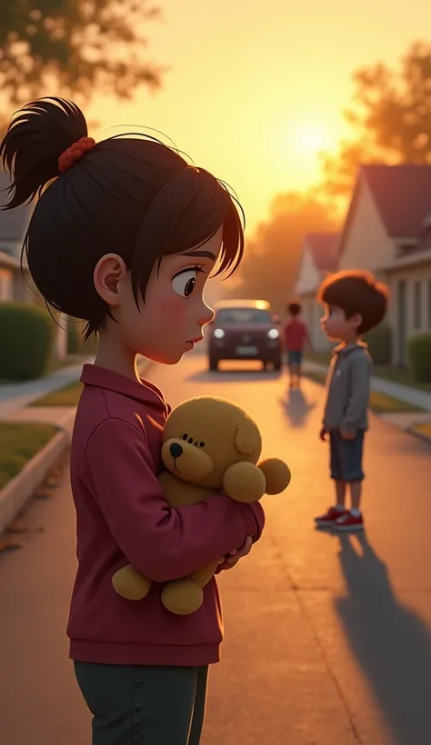 A young girl, about , with teary eyes and tightly clutching a small stuffed animal, stands beside her parents, getting into a car. She looks out the window at her friend, a boy standing alone in the middle of the road, his face filled with sadness and conf...