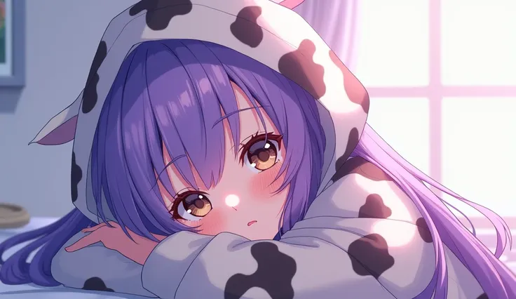 Solo, Long Hair, Purple Hair, Sad, Blank Eyes, brown eyes, cow hoodie, Sparkle, Anime, Anime Style, laying head in arms, 