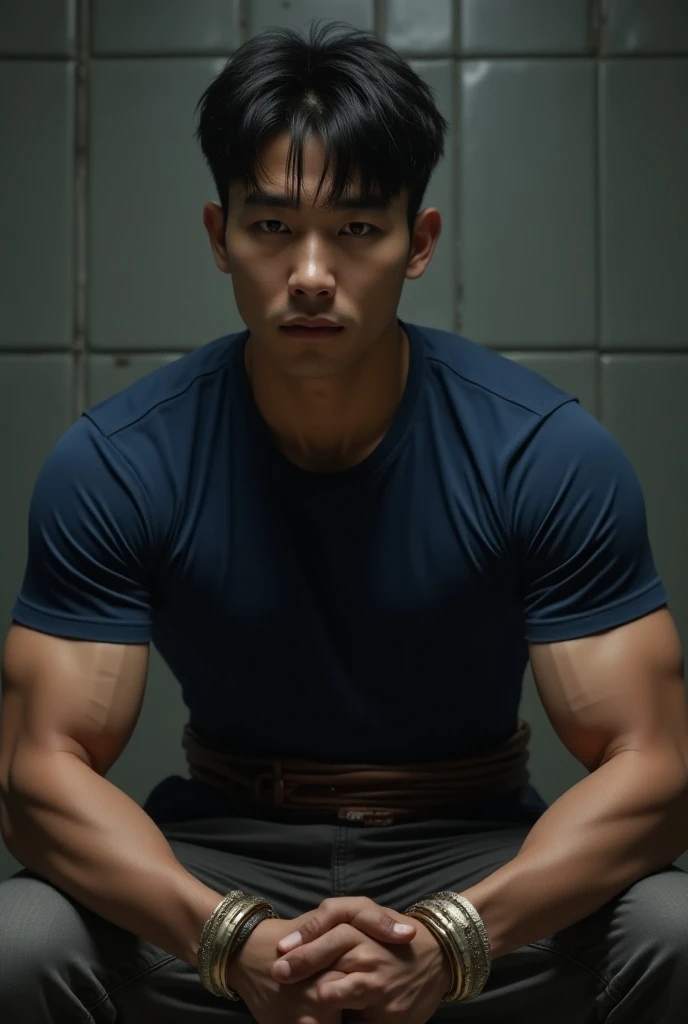  realistic patterns ,  Best quality ,  Masterpiece ,  extreme detail , sexy, Homosexuality, very handsome, Youthful, Korean male, , doll ,  wearing a navy tight T-shirt, round neck, fitted neck , ((Bodybuilder with muscles)), Sitting on a chair, tied with ...