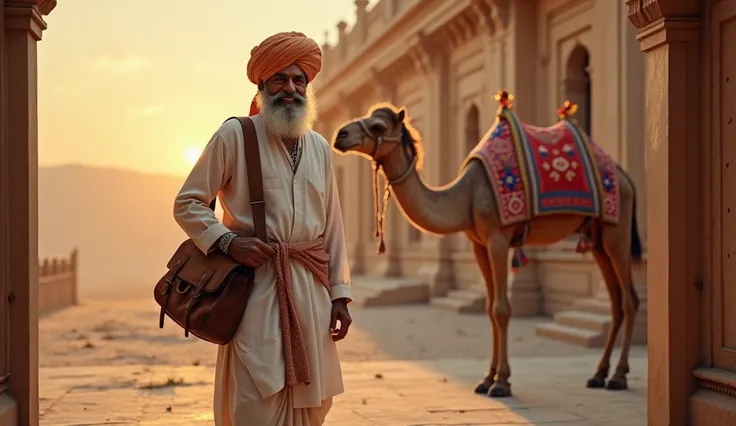 A very clear ultra HD image "A Rajasthani businessman, dressed in a traditional white dhoti-kurta and a colorful bandhani (tie-dye) turban, prepares to leave his home for a long journey. He carries a leather satchel over his shoulder and has a confident, c...