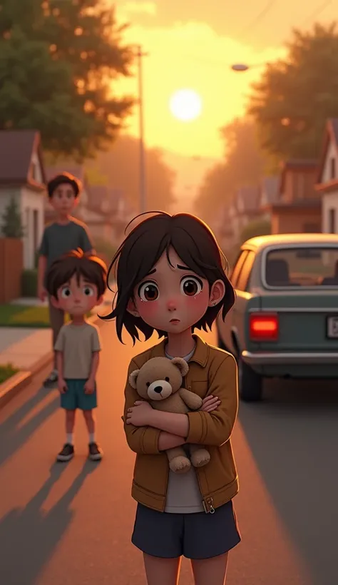 A young girl, about , with teary eyes and tightly clutching a small stuffed animal, stands beside her parents, getting into a car. She looks out the window at her friend, a boy standing alone in the middle of the road, his face filled with sadness and conf...