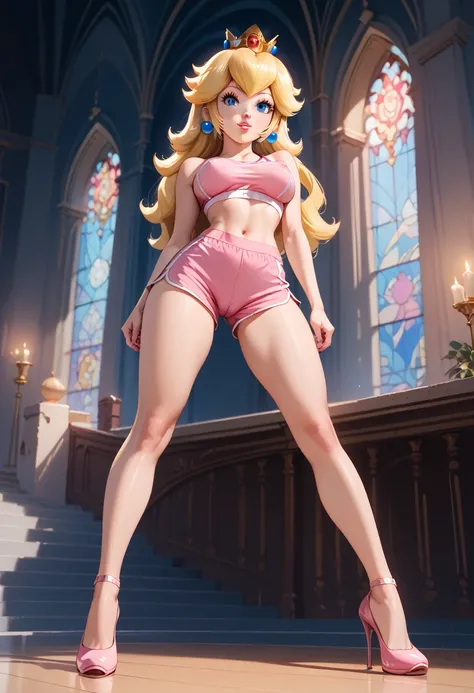 score_9, score_8_up, score_7,score_6,_up,source_real, realistic skin texture, princess peach, yellow long hair, medium breasts, Standing, flirting, seductive back pose, hip_sway, thin waist, thigh clothes, crown, covered nipples shape, navel shape, camel t...