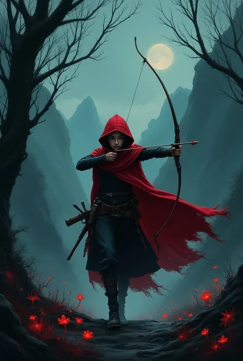 Create for me Little Red Riding Hood who hunts wolves in a dark universe 