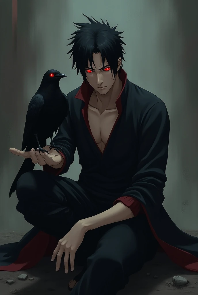 Itachi uchiha character from Naruto shipudden anime sitting on a chair having dark red colour eyes with a ripped body having a crow sitting on his hand having red eyes