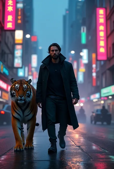 Cyberpunk neon city. A man is coming with tiger